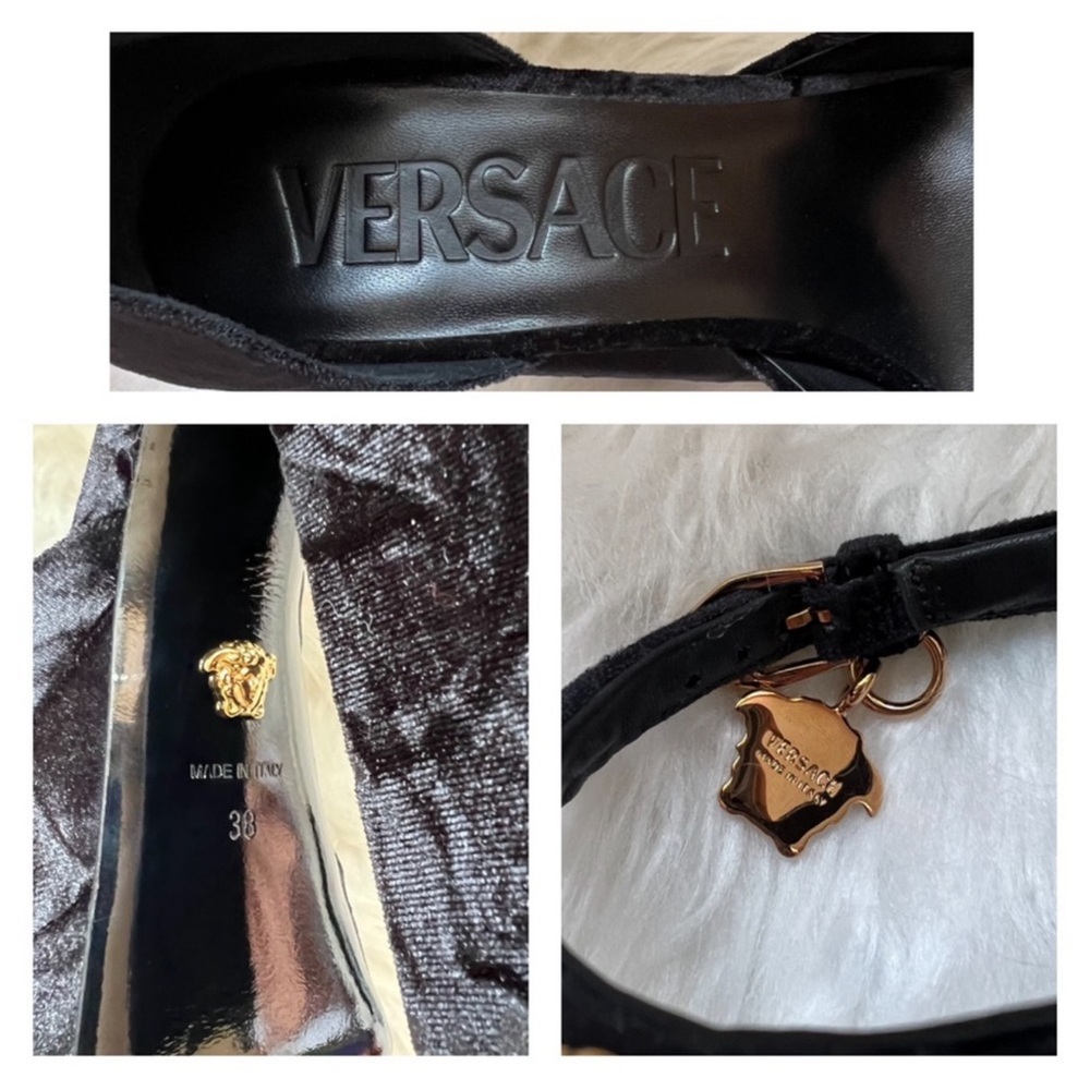 New! VERSACE Logo Medusa Charm Aevitas Embellished Crushed Velvet Platform Pumps - Picture 14 of 14